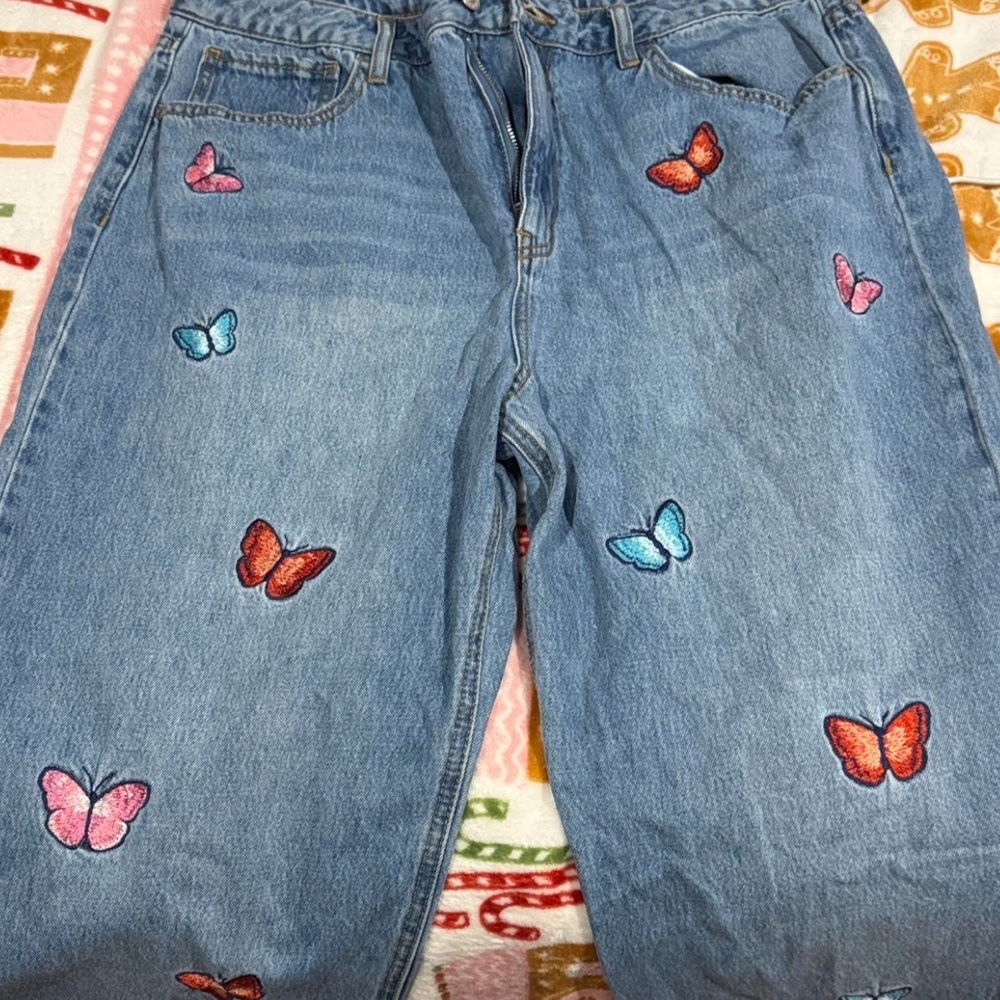 Forever 21 Blue Jeans with Colorful Butterfly Embroidery